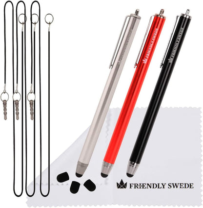 The Friendly Swede Stylus Pen for Touchscreen — 3-Pack 5.5" High Precision Stylus Pen with Replaceable Thin Tips, Elastic Lanyards & Screen Cleaning Cloth - Red/Black/Silver