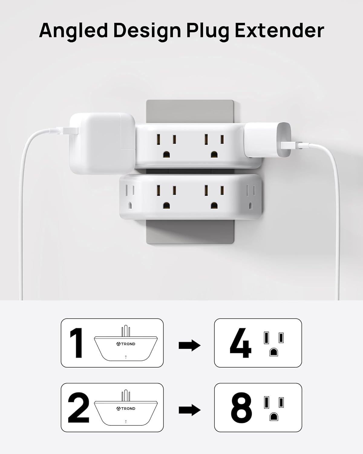 TROND Multi Plug Outlet Extender 2 Pack - Surge Protector Outlet with 4 Grounded Sockets, 3 Way Angled Plug Splitter, 900J, Multiple Wall Adapter for Home Office Travel Dorm Room, White
