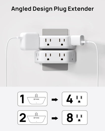 TROND Multi Plug Outlet Extender 2 Pack - Surge Protector Outlet with 4 Grounded Sockets, 3 Way Angled Plug Splitter, 900J, Multiple Wall Adapter for Home Office Travel Dorm Room, White