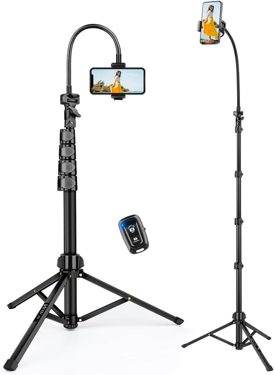 Phone Tripod, 85" Tall Tripod for iPhone with Gooseneck and Remote, Overhead Phone Stand for Recording Watching Cooking Fitness Vlog, Compatible with iPhone Android, Black