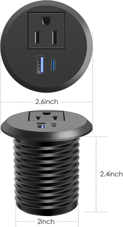 2 inch Desktop Power Grommet with PD 20W USB C,Ultra Thin Flat Plug Power Strip,Recessed Outlet,Slim Outlet Extender for Office,Table Outlets for Home, Office,6 ft Cable(Black)