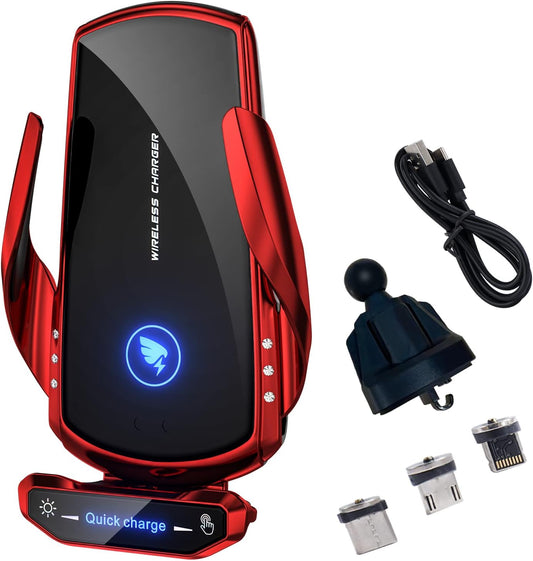 Wireless Car Charger Mount Automotive Electric Induction 15W Fast Charging Auto Clamping Car Phone Holder Mount Wireless Charging Mount Air Vent Phone Holde Compatible with All Android (Red)