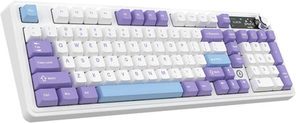 AK980 97Keys Tri-Mode Full Mechanical Keyboard, Gasket-Mounted, Hot-Swappable, 1.14” TFT Smart Display, Bluetooth 5.1/2.4G Wireless/Wired, PBT Keycaps RGB Backlit (Purple, Gift Linear Switch)