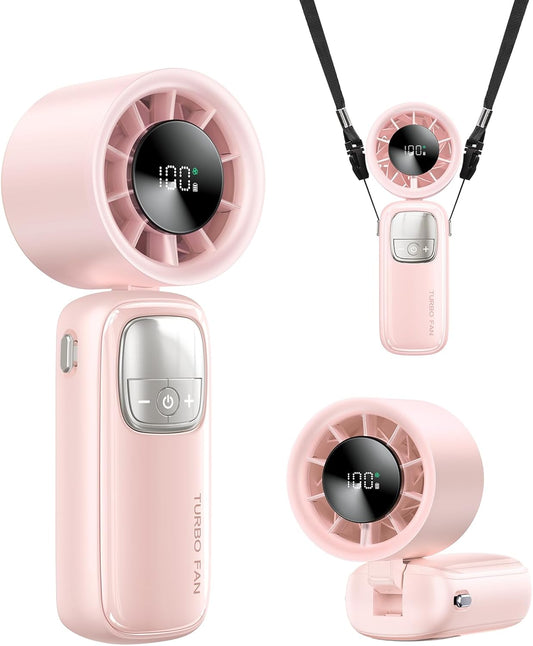 3-in-1 Portable Handheld Turbo Fan-100 Speeds, 15000 RPM, 10Hrs Cooling, LED Display, 90° Rotation, USB Rechargeable Battery Powered, Mini Foldable Hand Held Personal Fan for Women Men (Pink)