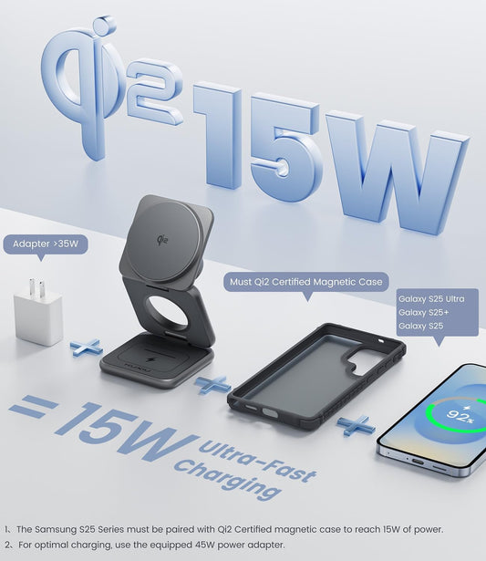 Qi2 Certified 3 in 1 Charging Station for Samsung, Aluminum Alloy Foldable 15W Wireless Charger for Galaxy S25 Series Z Flod 7, Fast Charger for Galaxy Watch Ultra, for Galaxy Buds
