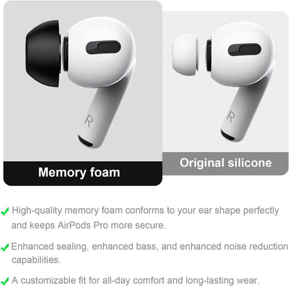 Lanwow Premium Memory Foam Tips for AirPods Pro & AirPods Pro 2nd Generation. No Silicone Eartips Pain. Anti-Slip Eartips. Fit in The Charging Case, 3 Pairs (Large, Black)