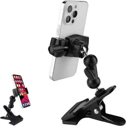 Clamp Phone Stand Holder for Desk/Table/Glass/Baffle/Easel/Guitar Head,360°Adjustable Aluminium Alloy Arm Metal Phone Mount,Compatible with iPhone/Nexus/HTC/LG/Huawei/Smart Phones