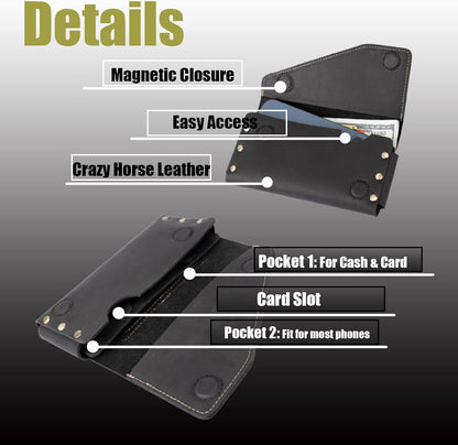 topstache Leather Phone Holster with Belt Loop, Magnetic Closure Cell Case Card Holder Wallet,Leather Pouch for iPhone 14 Pro,Galaxy S23(Fits Otterbox on) L,Black, Belt Loop-Black (C0403)