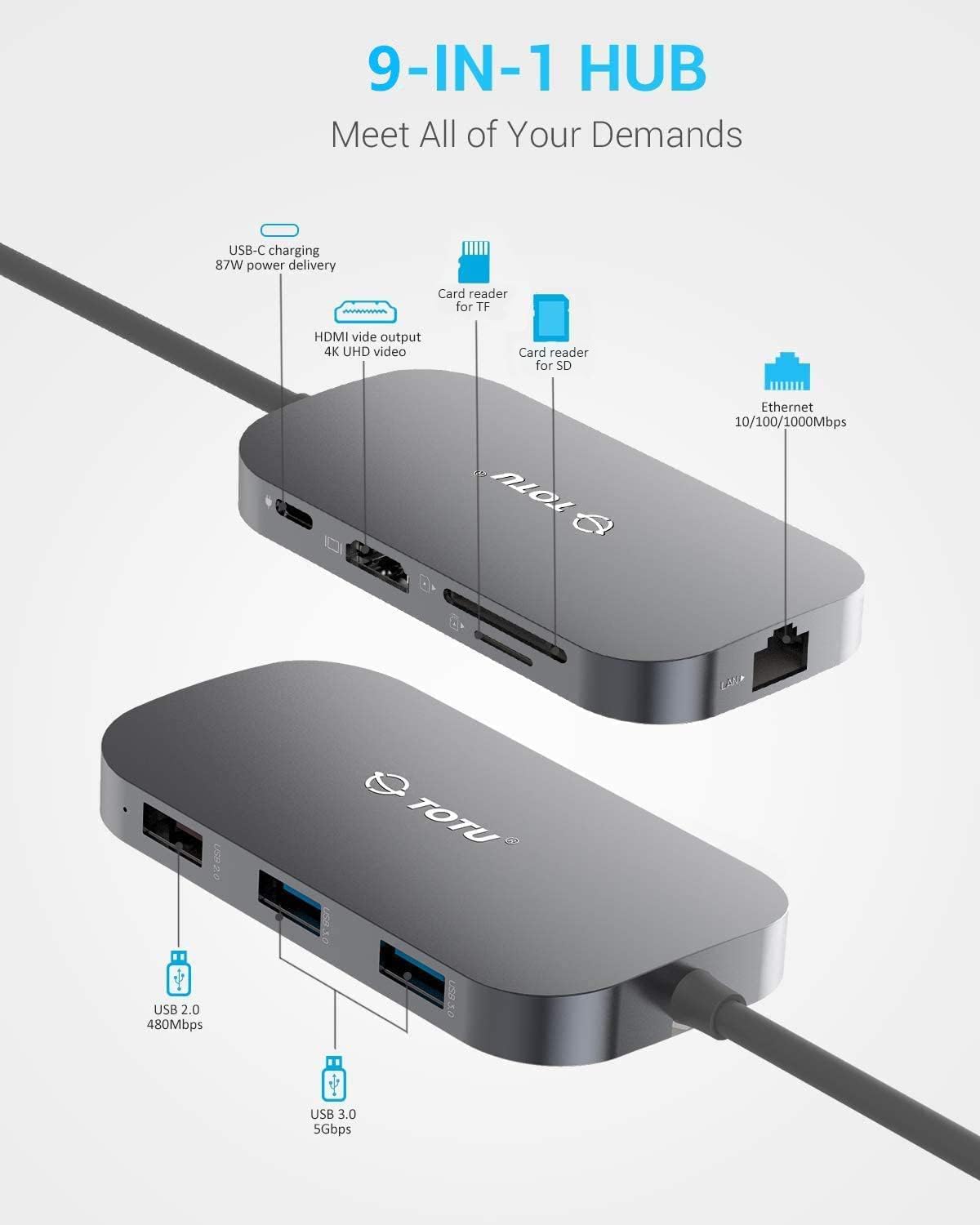 USB C Hub, 9-in-1 Type C Hub with Ethernet Port, 4K USB C to HDMI, 2 USB 3.0 Ports,1 USB 2.0 Port, USB-C Power Delivery, Portable for Mac Pro and Other Type C Laptops