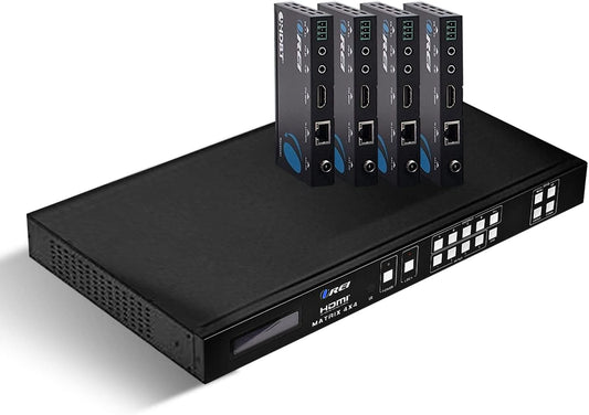 OREI Professional 4K 4x4 HDMI Extender Matrix - HDBaseT UltraHD 4K @ 60Hz 4:2:0 Over Single CAT5e/6/7 Cable with HDR Switcher & IR Control, RS-232 - Up to 230 Ft - Loop Out - 4 Receivers Included