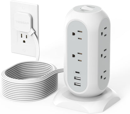 15 ft Extension Cord Tower Power Strip, 11 Outlets 3 USB(1 USB-C) Chargers, TESSAN Surge Protector with Multi Plug Outlet, 1050J Protection, Office Supplies, Desk Accessories, School Dorm Essential