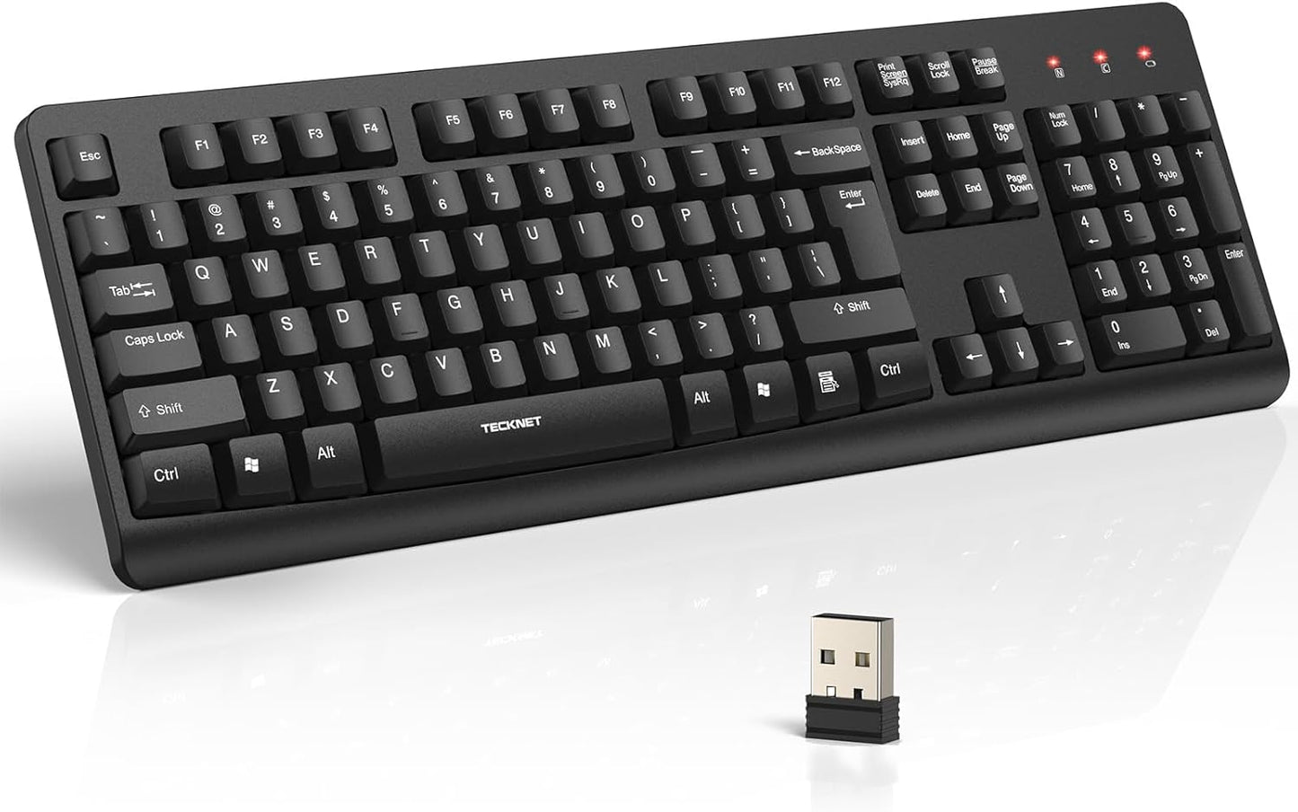 TECKNET Wireless Keyboard, 2.4G Silent Full-Size USB Keyboard with Number Pad, Ergonomic Keys & Foldable Feet, Compatible with Laptop, PC, Desktop, Surface, Windows 11/10/8/7 – QWERTY US Layout, Black