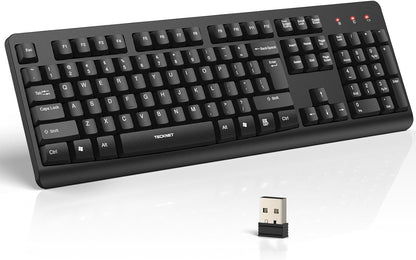 TECKNET Wireless Keyboard, 2.4G Silent Full-Size USB Keyboard with Number Pad, Ergonomic Keys & Foldable Feet, Compatible with Laptop, PC, Desktop, Surface, Windows 11/10/8/7 – QWERTY US Layout, Black