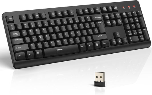 TECKNET Wireless Keyboard, 2.4G Silent Full-Size USB Keyboard with Number Pad, Ergonomic Keys & Foldable Feet, Compatible with Laptop, PC, Desktop, Surface, Windows 11/10/8/7 – QWERTY US Layout, Black