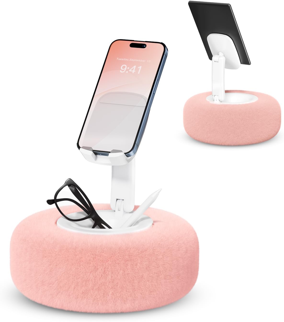 Phone Stand with Pillow, Adjustable iPhone Stand with Anti-Slip Strips, Fuzzy Tablet Holder– Compatible with 4"-7" Devices, Including iPhone, iPad, Kindle, and Android (Pink)