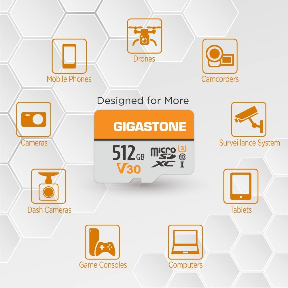 GIGASTONE 512GB Micro SD Card, for Surveillance, Security Camera, Action Camera, Drone, 100MB/s, A1 V30 4K Video Recording MicroSDXC Memory Card UHS-I Class 10