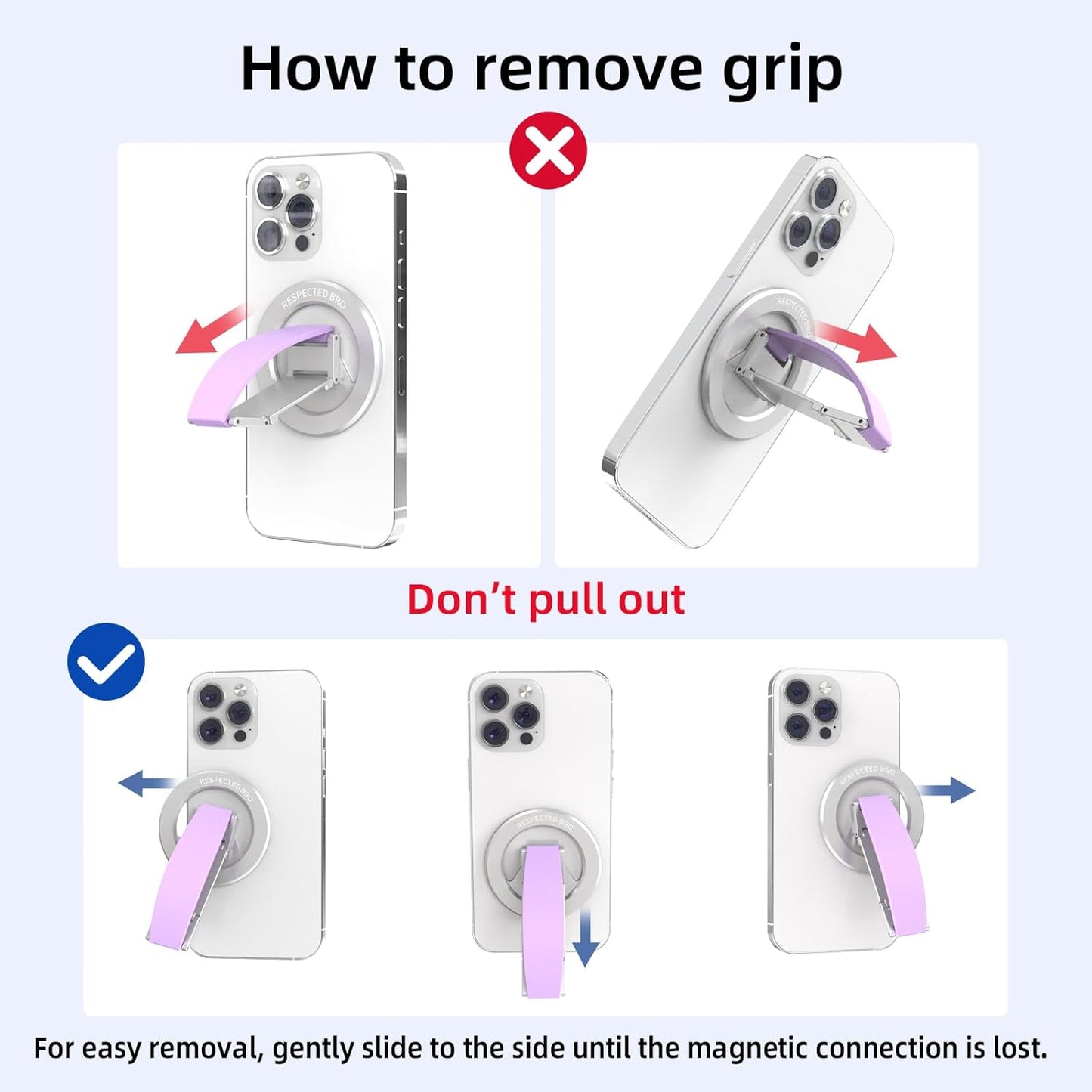 RESPECTED-BRO-Magnetic-Phone-Grip-Stand, Magnetic Phone Ring Holder Kickstand with Silicone Finger Strap, Compatibility for iPhones, Androids, and More (Purple)