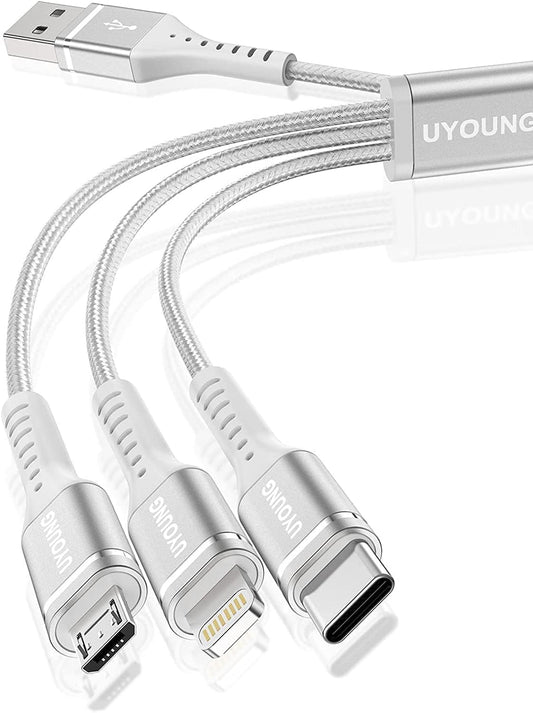 Short Multi Charging Cable 1FT 2Pack 3 in 1 Charger Cord Braided Universal Phone Cords with Lightning/Type C/Micro USB Connectors, Multiple USB Cable for iPhone/Samsung/Google Phones and More