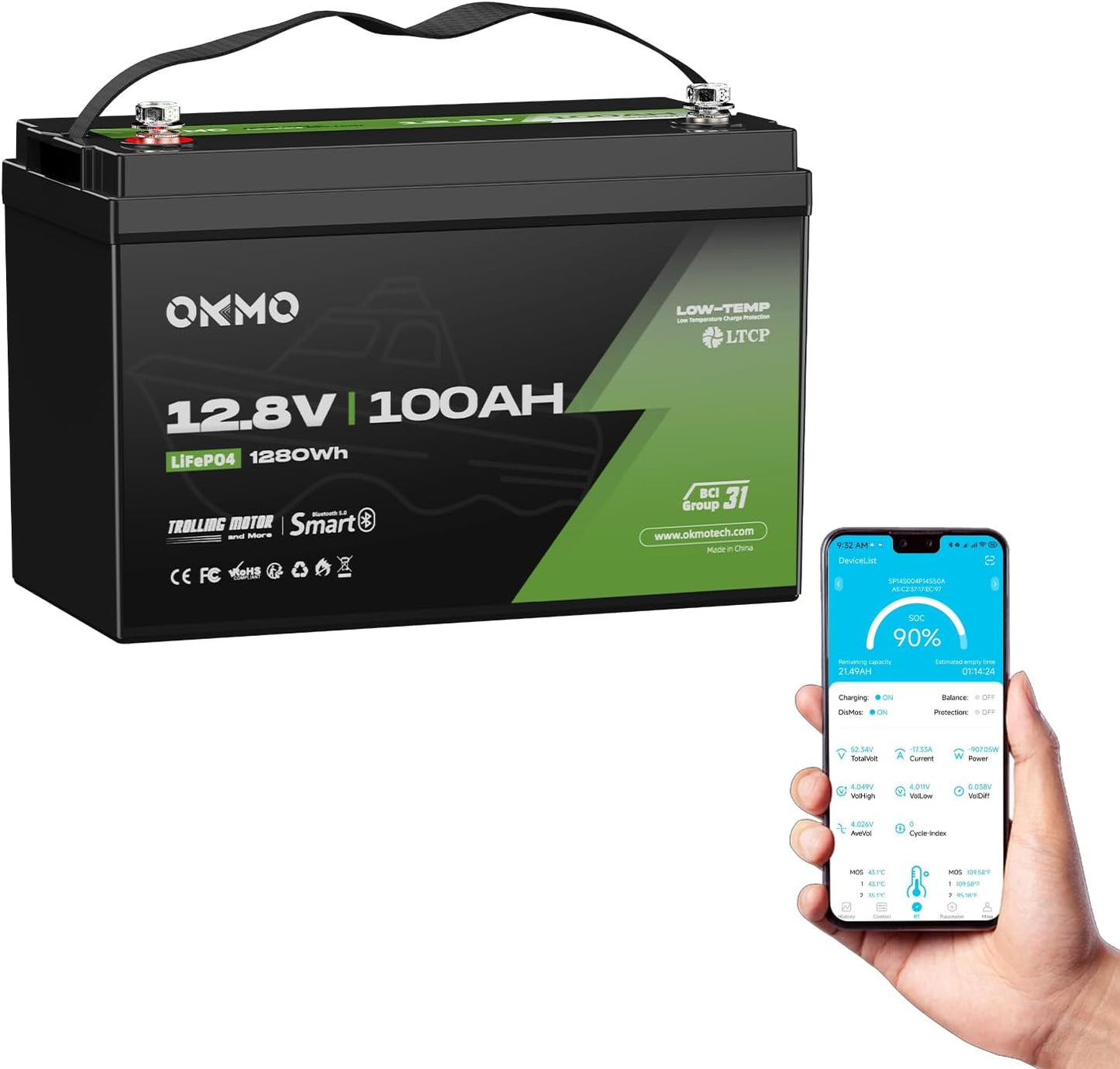 OKMO 12V 100Ah TM LiFePO4 Battery, Lithium Battery 150A BMS with Bluetooth, 10 Years Lifetime 15000+ Deep Cycles,for Marine, RV, Trolling Motor, Boat, Camper, Low Temperature Protection