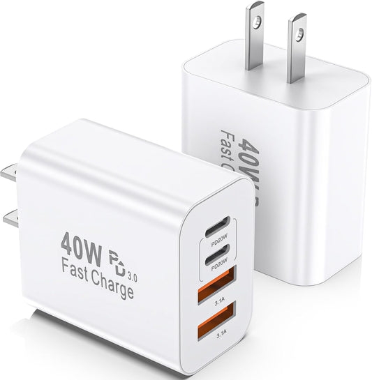 USB C Charger Block, 2 Pack 40W 4-Port iPhone Charger Fast Charging Multiport PD 3.0 & QC 4.0 Double Quick Charge, Compatible with iPhone 16/15/14/13/12/11，Pro Max，iPad, Samsung (White)