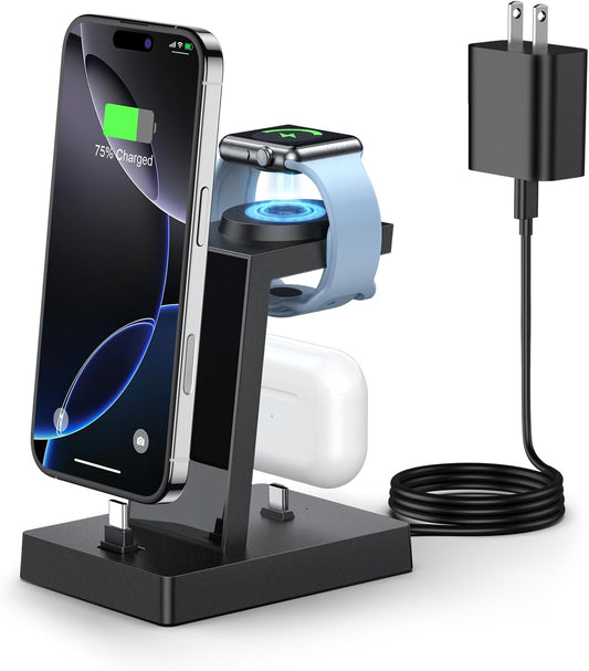 30W Fast 3 in 1 Charging Station for Apple Devices - ADADPU USB C Charger Stand for iPhone 16 15 Pro Max Plus & AirPods 4, Wireless Charger Dock Compatible with Apple Watch Ultra/10/9/8/7/6/5/4/3/2/SE