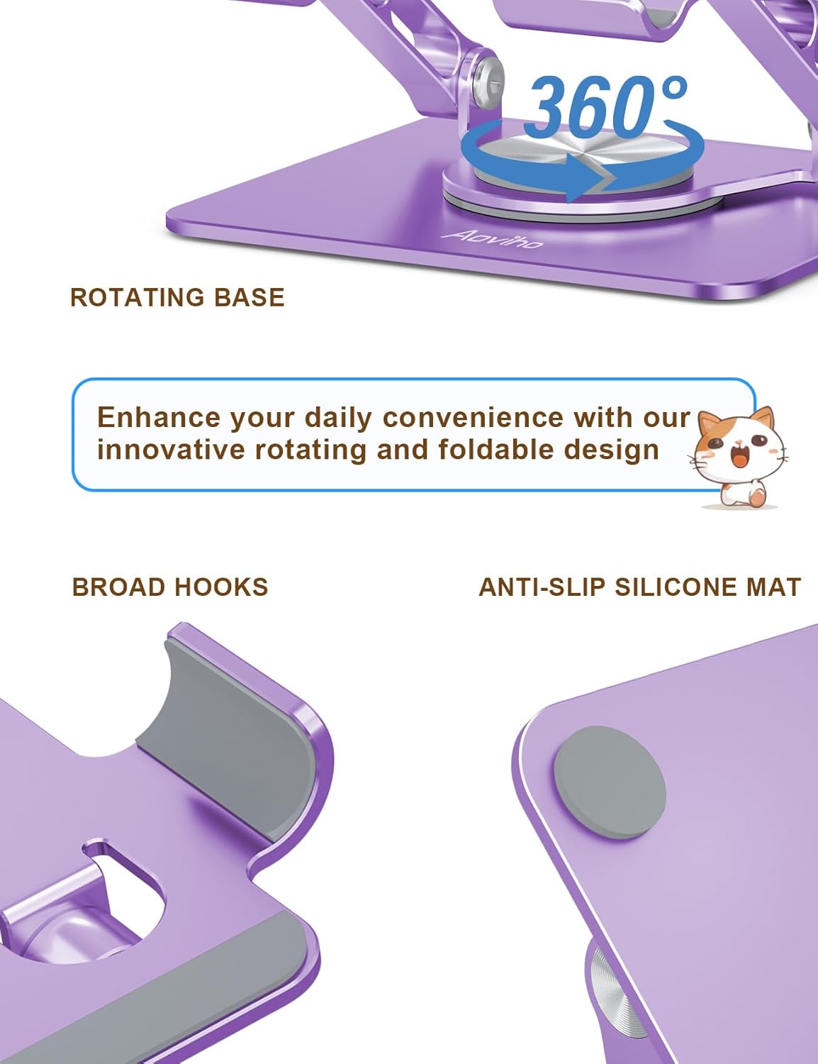 Tablet Stand 360° Rotating Aluminum Holder - Adjustable, Portable & Foldable Monitors Stand for iPads, Compatible with 4-13.3" Tablets, Purple