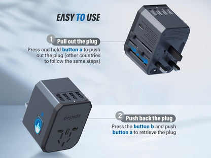 EPICKA Universal Travel Adapter, European Travel Plug Adapter - International Power Adapter Worldwide Charger with USB-C & 4 USB-A Ports, Travel Essentials for Italy, UK, Japan (TA-105, Space Grey)