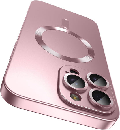 Magnetic for iPhone 15 Pro Max Case [Compatible with MagSafe][Built-in Camera Lens Protector] Slim Soft Silicone Bumper Shockproof Metallic Luster Phone Case (Rose Gold)