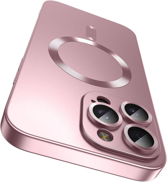 Magnetic for iPhone 15 Pro Max Case [Compatible with MagSafe][Built-in Camera Lens Protector] Slim Soft Silicone Bumper Shockproof Metallic Luster Phone Case (Rose Gold)