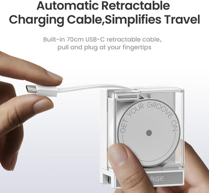 Retractable 65W USB C Charger, GaN Power Wall Charger with Retractable Cable, 2 Devices PD Fast Charging for MacBook Pro/Air, iPhone 16,Pixel Book, iPad Pro (White)