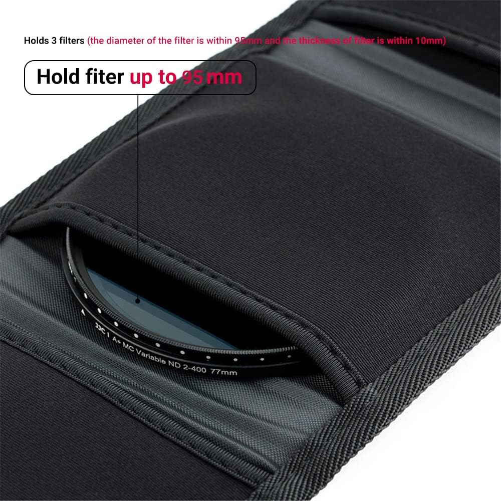 3 Pockets Camera Filter Case for Filter Up to 82mm (fits 82mm 72mm 67mm 62mm 58mm 55mm 52mm 49mm 46mm 43mm 40.5mm 37mm) with Microfiber Cleaning Cloth,Belt Loop Design Compact Lens Filter Pouch Wallet