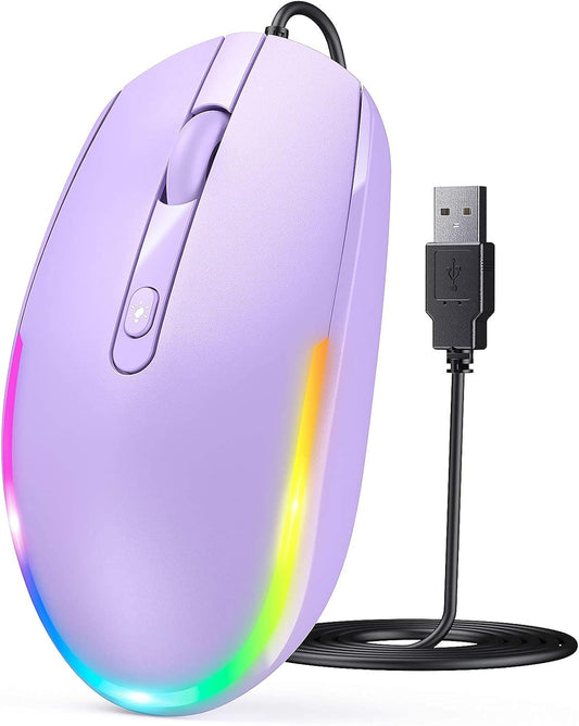 Seenda Wired Mouse - USB Computer Mouse with RGB Backlit Optical LED, Attached USB Cord for Laptops, Notebooks, Chromebook - Purple