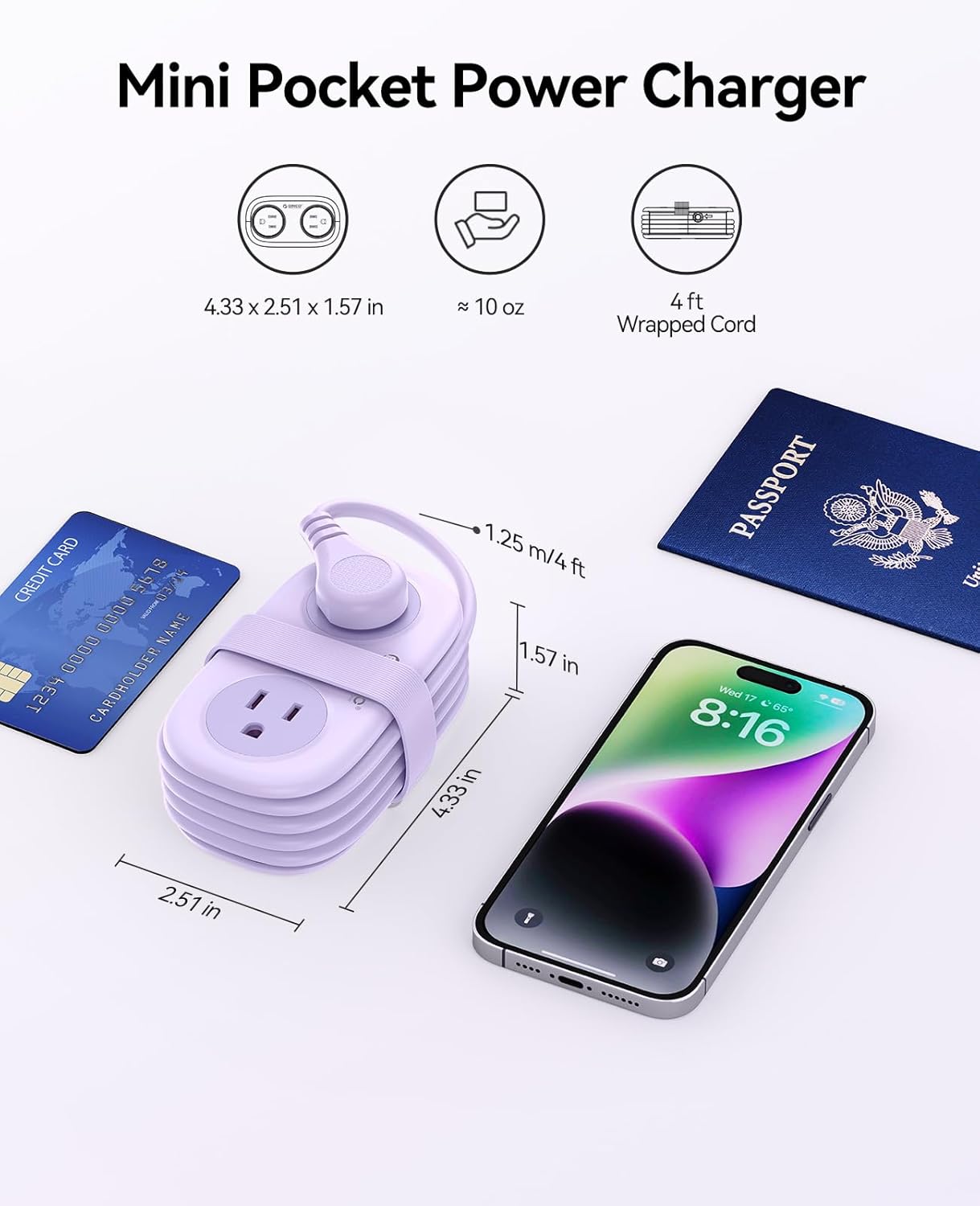 ORICO Purple Travel Power Strip PD20W with 4 AC Outlets 3 USB Ports (1 USB-C), 4FT Flat Plug Extension Cord, Compact Portable Design for Business Travel, Cruise Ship Essentials-AP3