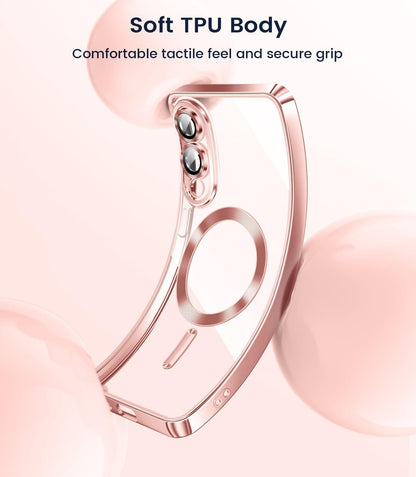 Slim Thin for Samsung Galaxy S25 Edge Case, Compatible with MagSafe, Built-in Camera Lens Protector, Shockproof Protective Phone Case, Soft Electroplated Clear Cover, Rose Gold