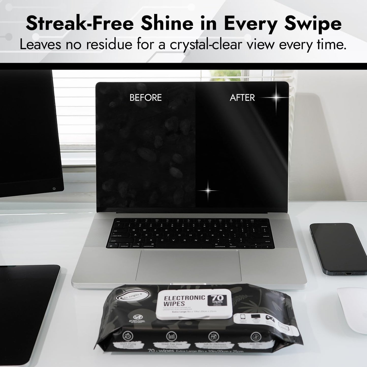 Air Jungles Electronic Screen Cleaning Wipes 70 Count (Pack of 3), Large 8"x10" Cleaner Wipes for Phones, Laptops, Monitors, TVs, Tablets, Glasses, Keyboards, Computer,Quick Dry