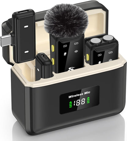 PQRQP Wireless Microphone for iPhone, iPad, Android(Lightning/USB C), Dual Microphones 20 H Battery Life, Mini Microphone, Cordless Double Mics for Video Recording, YouTube, TikTok, 164FT