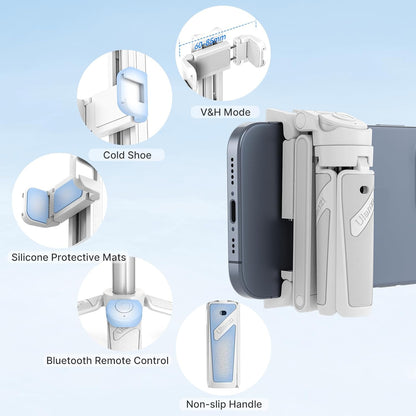 ULANZI JJ02 Selfie Stick Tripod, Extendable Grip Phone Tripod w Detachable Remote Pocket Size, 3-in-1 Mini Phone Grip 2 Cold Shoe, 10m/393.7'' Wireless Shutter, Vlog Livestreaming Photography(White)