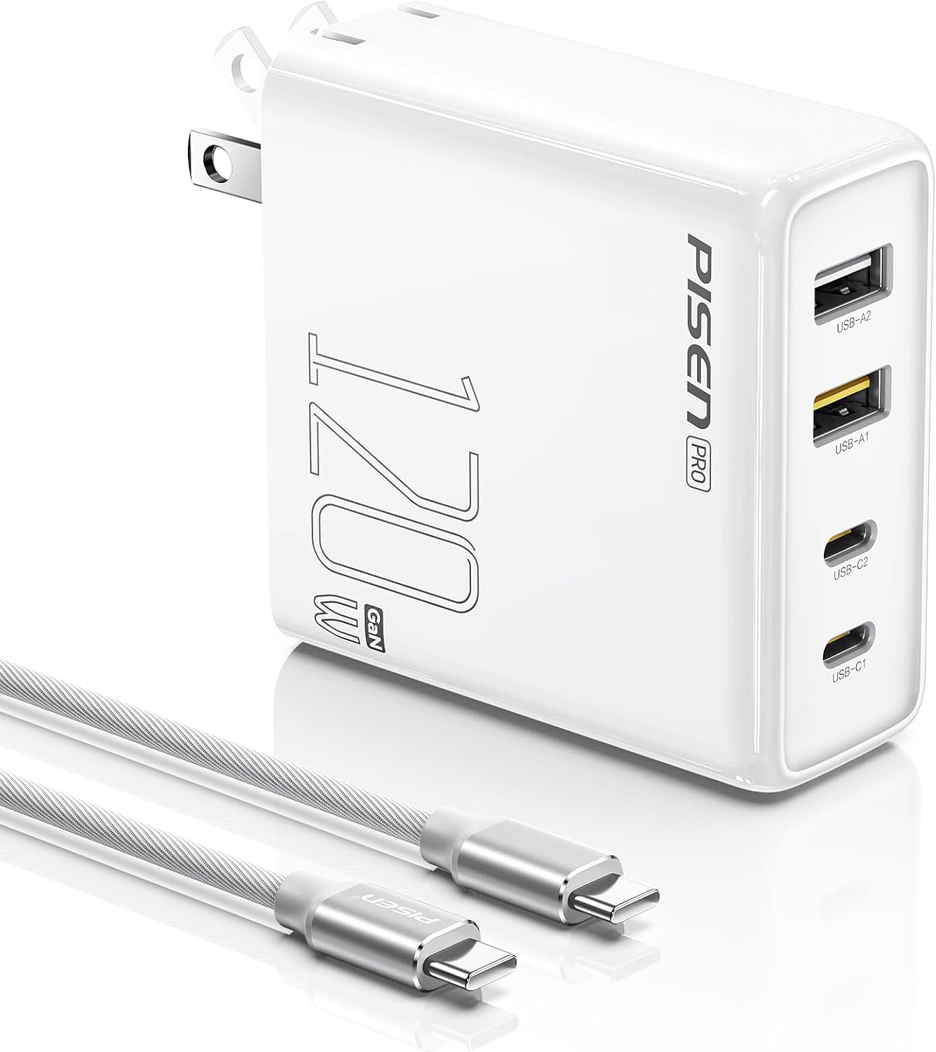 PISEN 120W USB C Charger - 120W 4-Port GaN USB C Charger Block Fast Charging with 6FT USB-C to C Cable, 120W Charger for MacBook Pro/Air, Pixelbook, iPad, iPhone Series, Samsung, Pixel 8, Steam Deck
