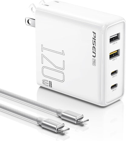 PISEN 120W USB C Charger - 120W 4-Port GaN USB C Charger Block Fast Charging with 6FT USB-C to C Cable, 120W Charger for MacBook Pro/Air, Pixelbook, iPad, iPhone Series, Samsung, Pixel 8, Steam Deck