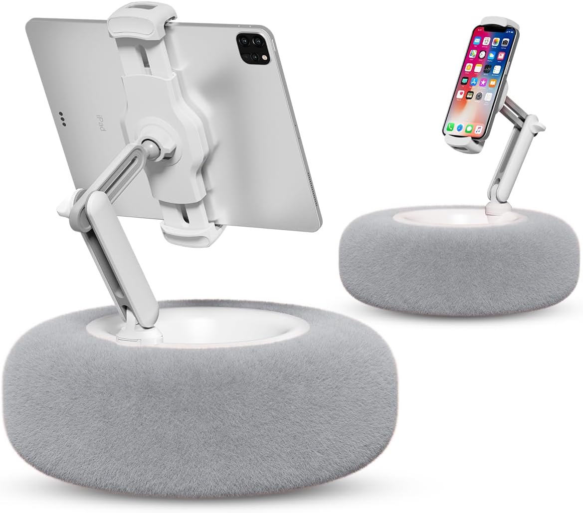 Viozon Tablet Stand Pillow, Compatible with 4.7"-13" Phone/Tablet, iPad, iPhone, Samsung, Google, Kindle, 360°Adjustable Phone Holder for Bed with Soft Plush Fabric, and Detachable Bowl, Grey