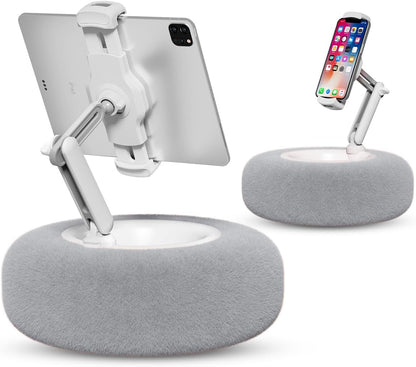 Viozon Tablet Stand Pillow, Compatible with 4.7"-13" Phone/Tablet, iPad, iPhone, Samsung, Google, Kindle, 360°Adjustable Phone Holder for Bed with Soft Plush Fabric, and Detachable Bowl, Grey