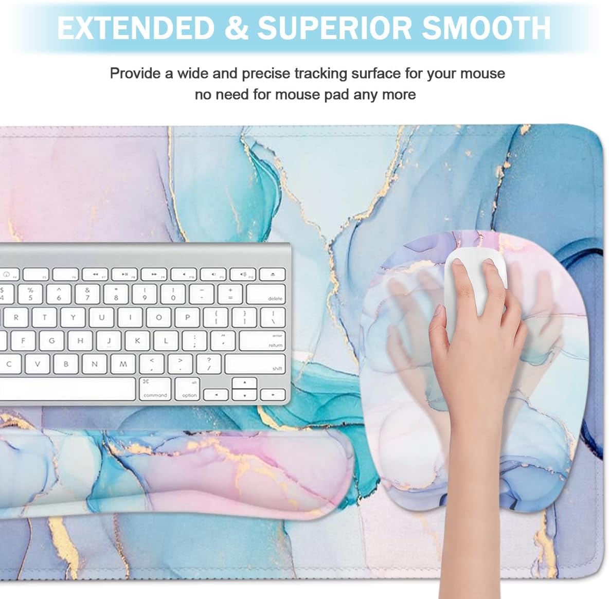 Keyboard Wrist Rest Large Mouse Pad Wrist Support for Computer, 4 in 1 Memory Foam Keyboard Pad Desk Mat Ergonomic Hand Rest Wrist Cushion for Home Office Gaming - Blue Marble