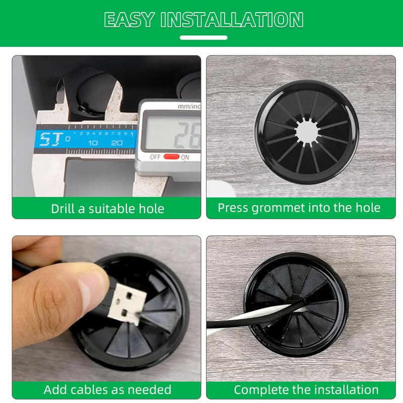 4PCS Cable Grommets, 3-9/16"(90mm) Desk Hole Cover Petal Shaped Buckle Type Nylon Snap Bushing Grommet, Wire Hole Cover Insert for Cables and Cords Management and Protection of Cabinet, Black