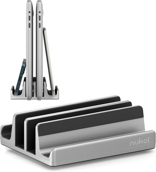 Vertical Laptop Stand - SPACEMax Adjustable GRIPLock Anti-Tip Silicone 4 Slots Aluminum Desktop Holder - Double Dock Stand - 2 Phone Slots Fits Up to 17.3” Laptops, Tablets, Phones - Silver