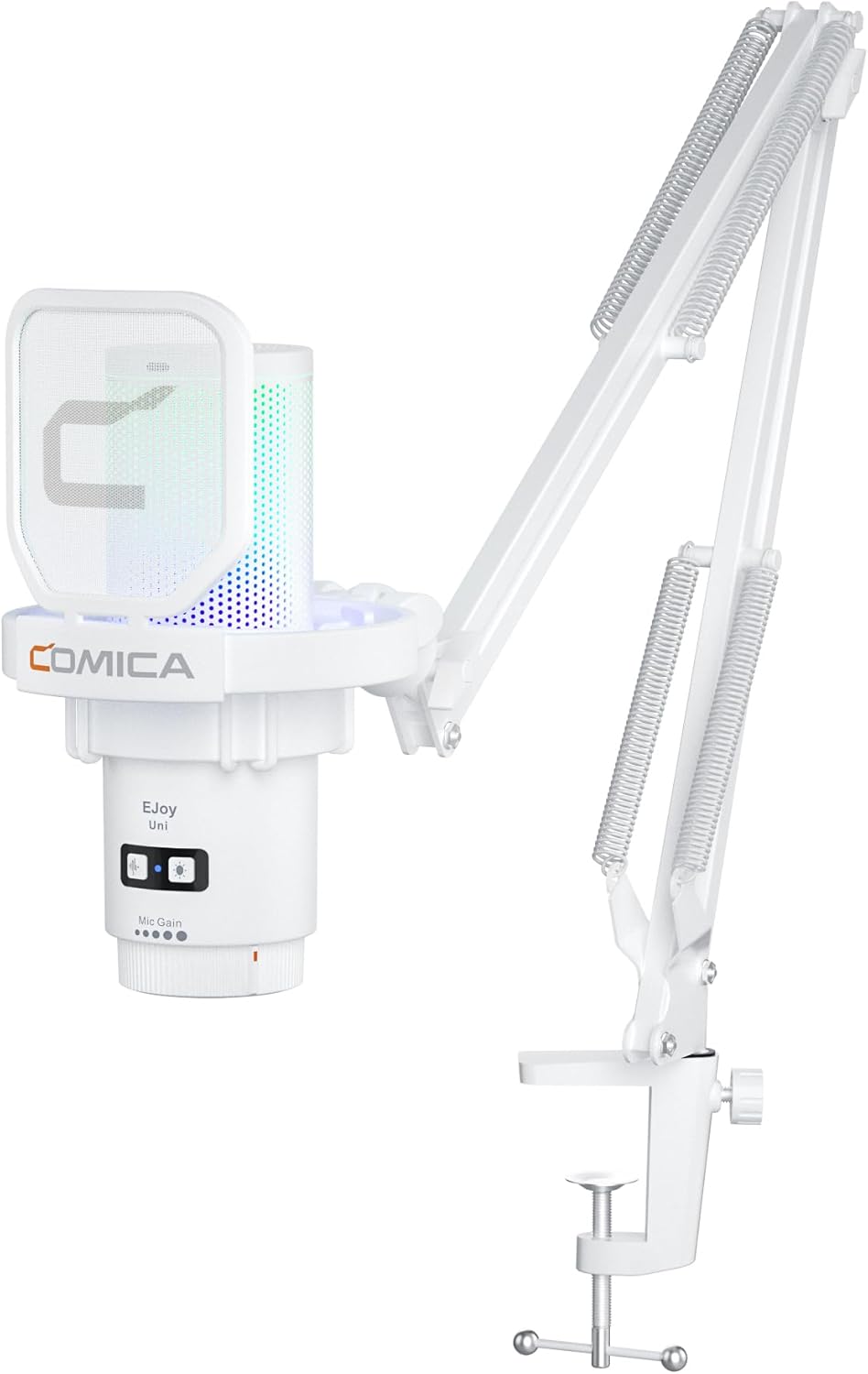 COMICA EJoy Uni USB Microphone for PC Gaming, Streaming, Podcast, YouTube, with Noise Cancellation, Mute, Gain, Monitoring - Condenser Mic for PS5, PS4, Mac, Computer (Boom Arm Mic) - White