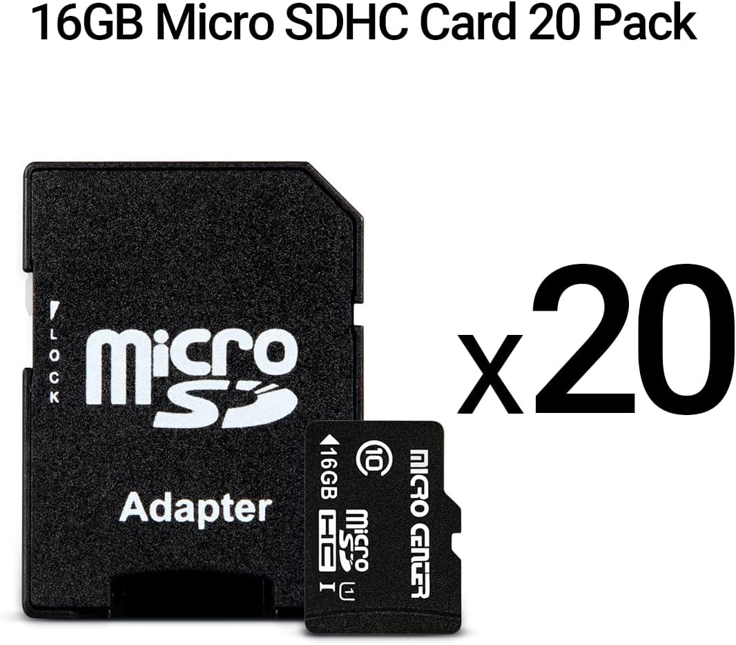 Micro Center 16GB Class 10 Micro SDHC Flash Memory Card 20 Pack with Adapter for Mobile Device Storage Phone, Tablet, Drone & Full HD Video Recording - 80MB/s UHS-I, C10, U1 (20 Pack)