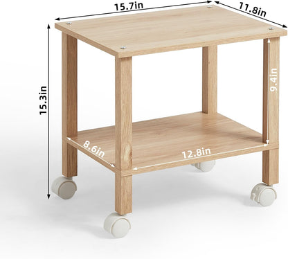 2 Tier Printer Stand with Storage,Under Desk Shelf Printer Table,Small Printer Stand with Wheels,Rolling Printer Cart for Office,Home,Wood Color