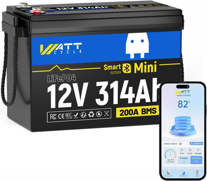 12V 314Ah LiFePO4 Mini Lithium Battery with Bluetooth 5.0, Built-in Metal Frame 200Ah BMS, 4.01kWh Energy, Upgraded Aluminum Cooling Fins, 12v 300ah + Lifepo4 Lithium Batterys