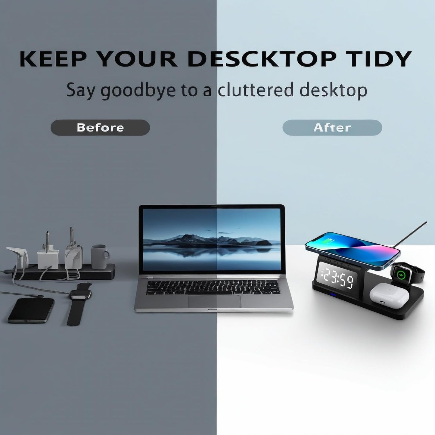 4-in-1 Wireless Charging Station with Clock Display, Compatible with iPhone, Apple Watch, AirPods, Black