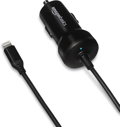 Amazon Basics 12W (5V, 2.4A) Car Charger with Lightning Cable (Straight) for iPhone and Apple Devices, 3 ft - Black